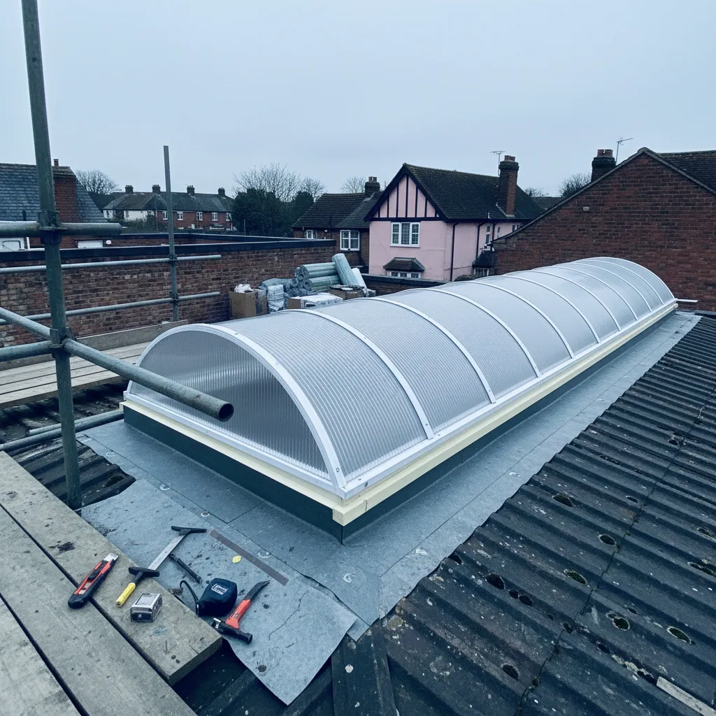 A polycarbonate barrel vault rooflight running along a warehouse roof bay on an insulated kerb, seen under flat overcast daylight