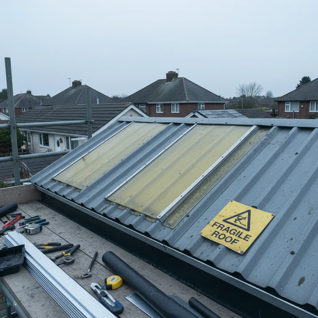 A weathered yellowed GRP rooflight sheet in a profiled metal roof with a fragile roof warning sign nearby under flat overcast daylight
