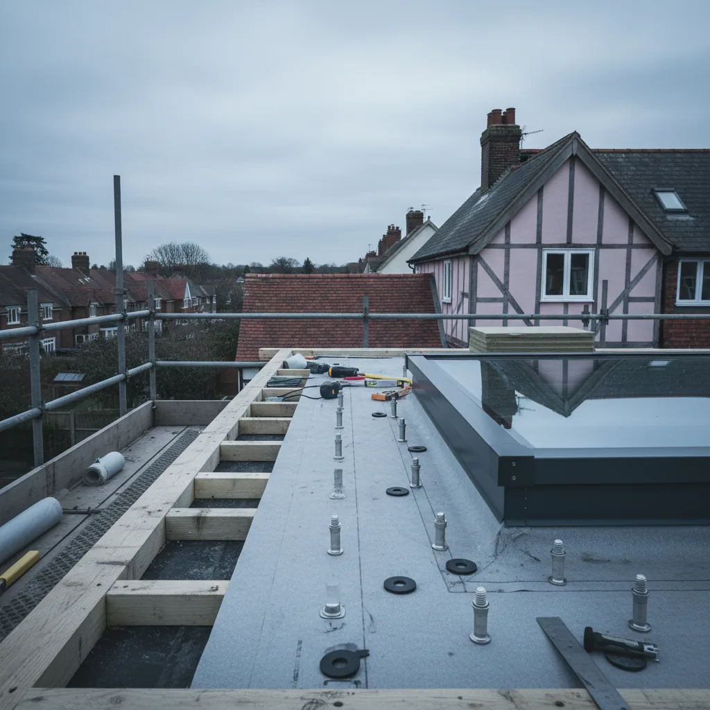 Marine grade stainless fixings and isolation washers arranged beside an aluminium rooflight frame section in flat diffuse overcast light