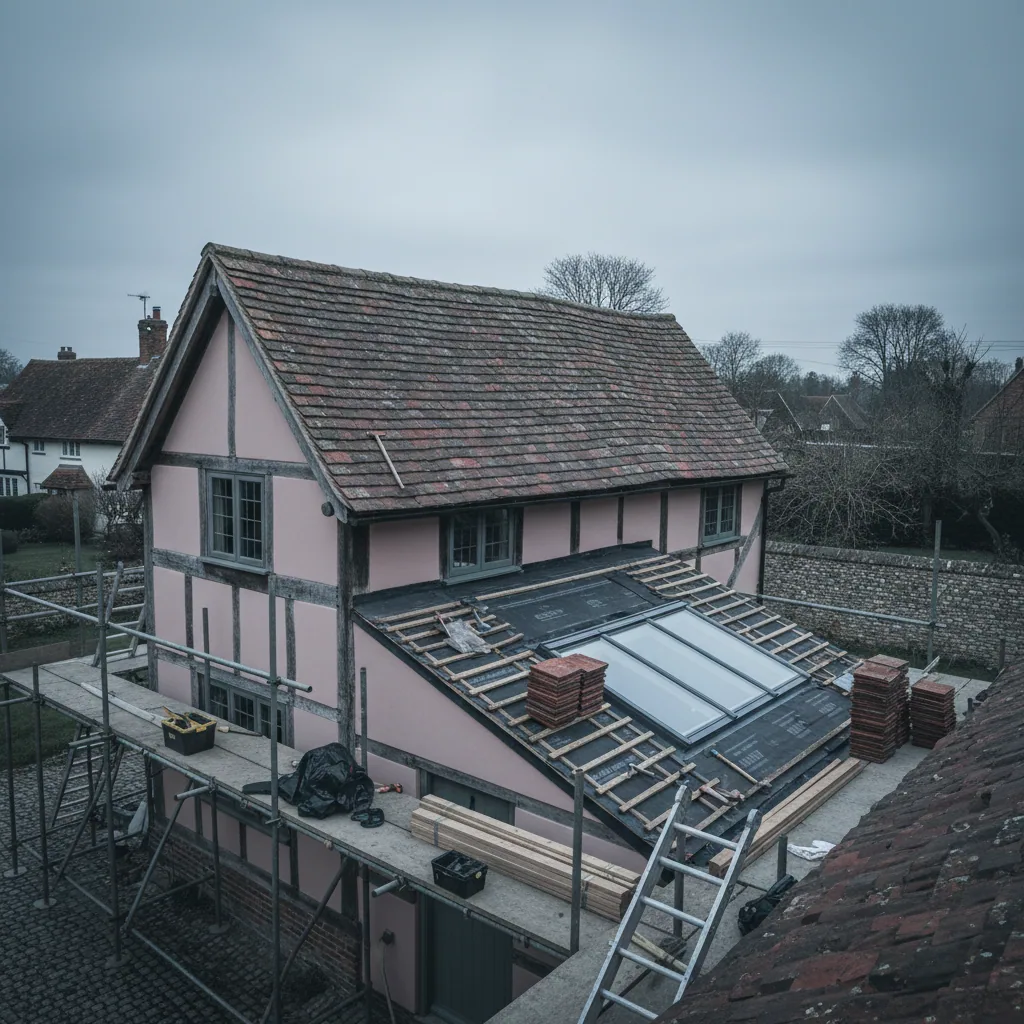 Timber-framed listed cottage roof in a Suffolk conservation village under flat grey overcast light