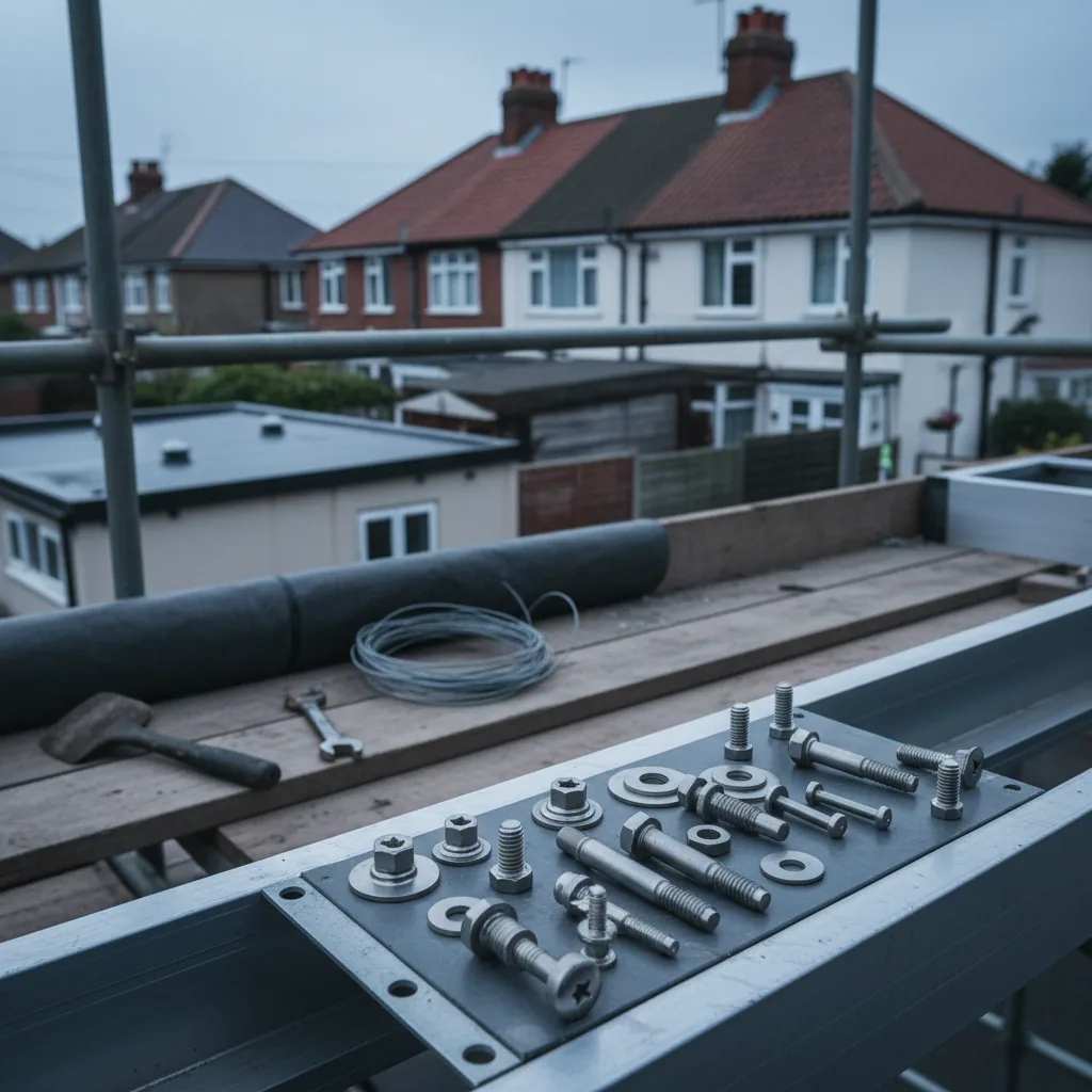 Marine grade 316L stainless fixings and isolation washers laid out on an aluminium frame section in flat diffuse overcast light