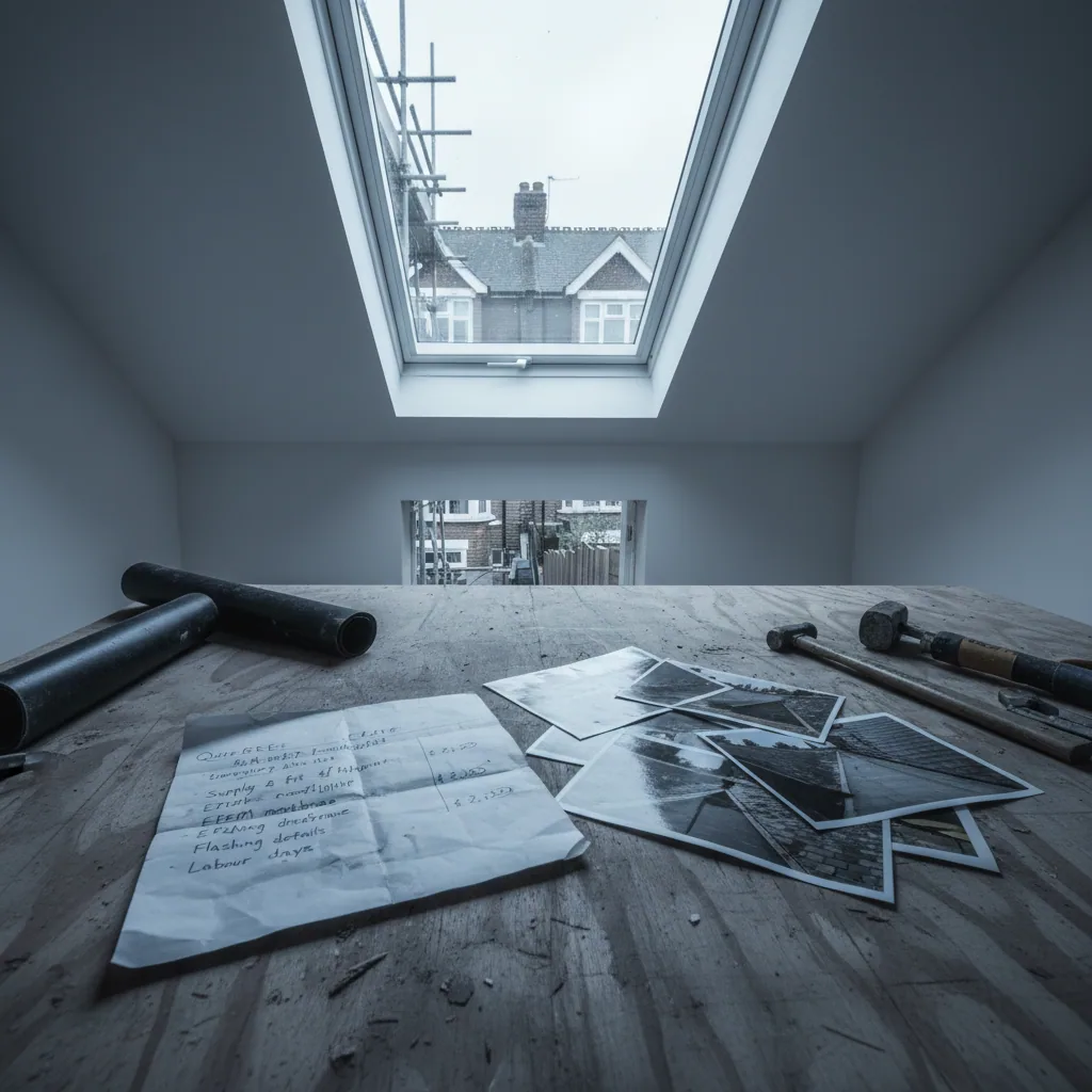 Written itemised quote on a table beside photographs of a roof, in flat diffuse overcast daylight