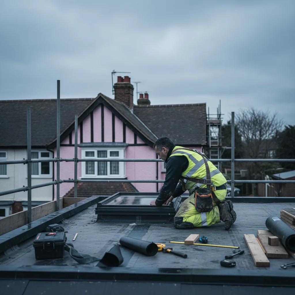 Installer fitting a rooflight upstand on an extension roof under flat grey overcast sky