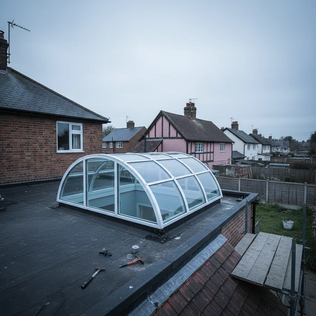 A curved barrel-vault rooflight over a rear extension seen from the garden under flat grey overcast sky