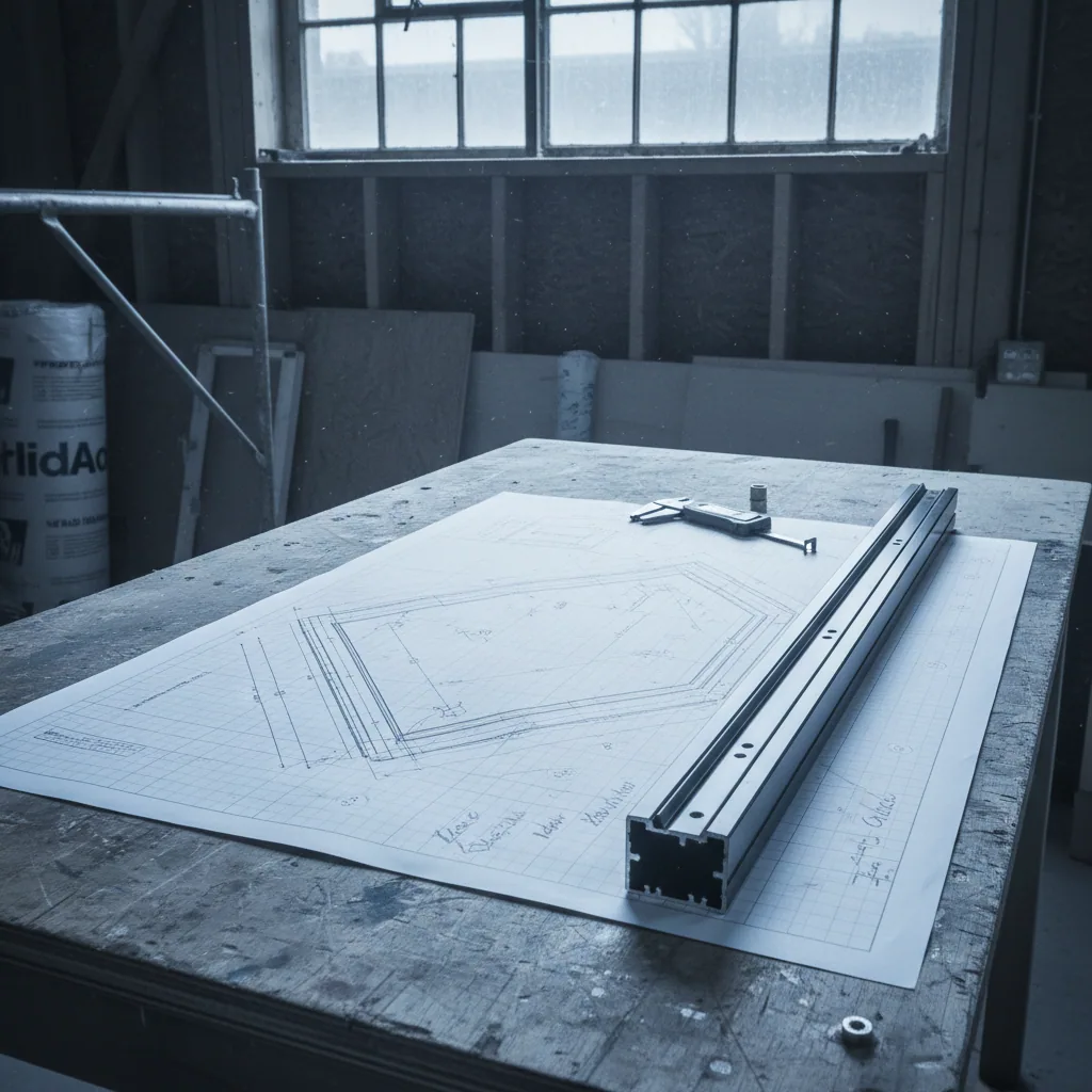 A measured fabrication drawing of a non-rectangular rooflight laid out on a workbench beside an aluminium frame profile, flat grey daylight from a workshop window