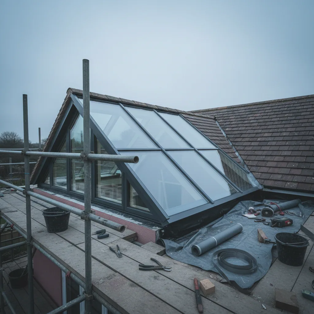 A bespoke angled aluminium rooflight fitted into a non-rectangular extension roof, photographed under flat overcast daylight