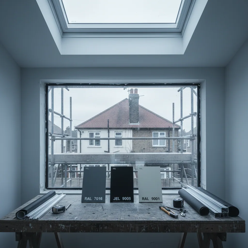 Powder-coated RAL colour sample panels in anthracite, jet black and cream laid on a workbench in flat neutral daylight