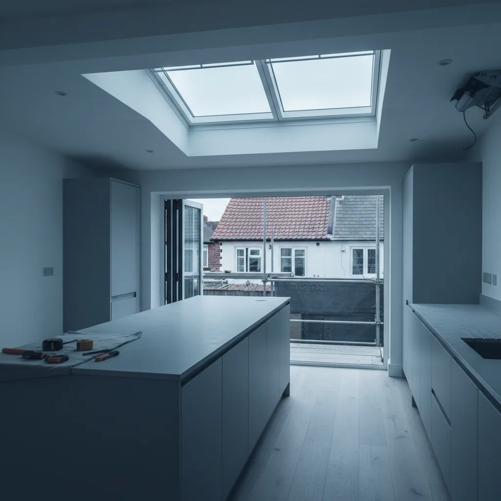 Finished kitchen extension interior with a large electric rooflight open at the vent above an island unit, even flat overcast daylight across the room
