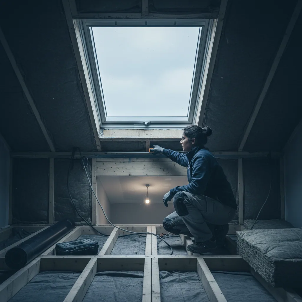An installer checking the joist direction and cable route in a loft space above a finished room during a survey, flat overcast daylight from a rooflight above