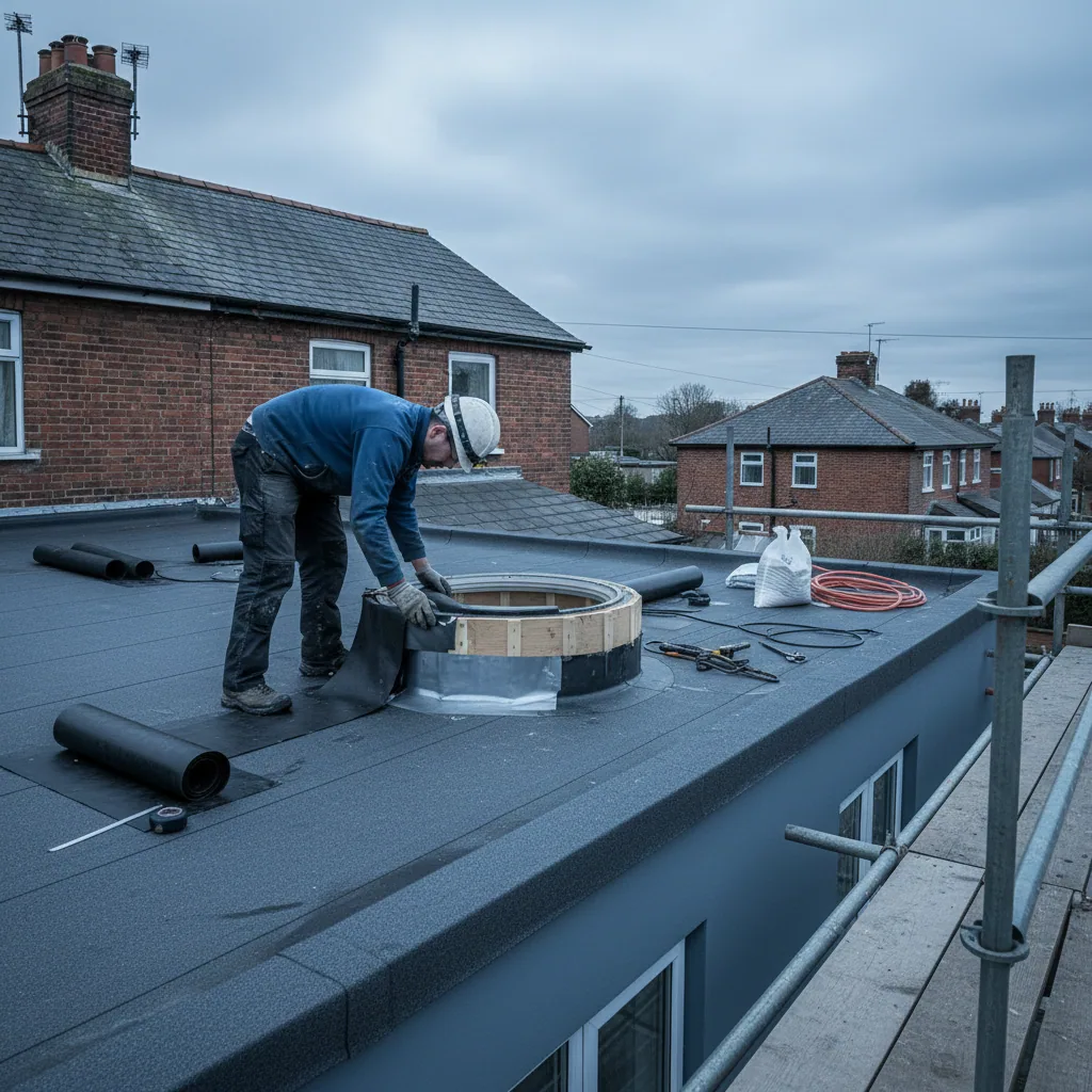 A Building Control surveyor inspecting an insulated upstand and roof opening on a domestic extension under flat overcast daylight