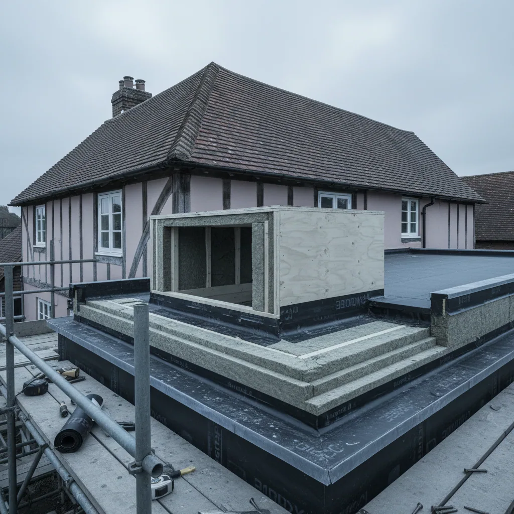 Cross section of an insulated rooflight upstand showing rigid insulation lapped continuously into the roof insulation, photographed under flat overcast daylight