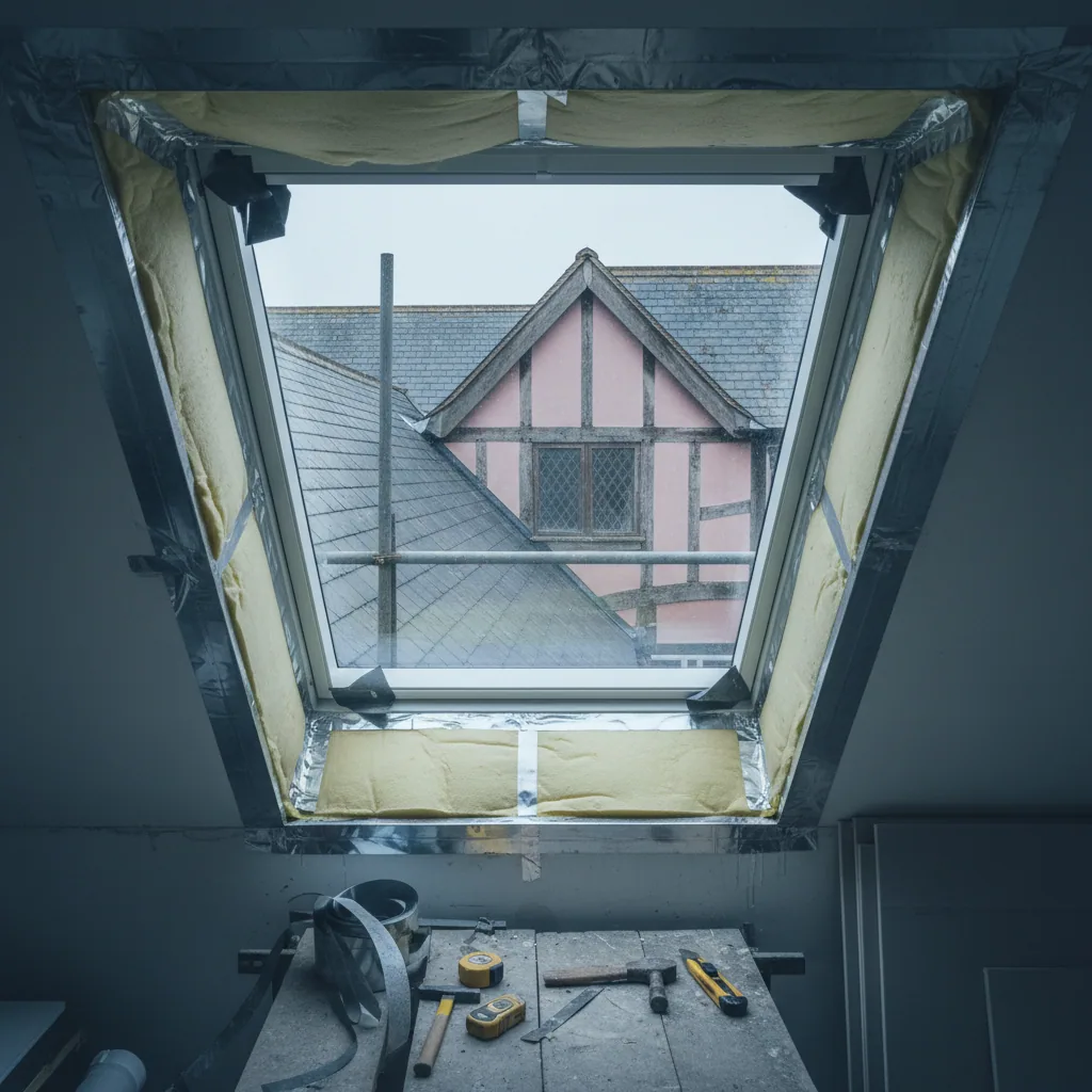 Insulated splayed reveal around a rooflight opening before plasterboarding, photographed under flat overcast daylight