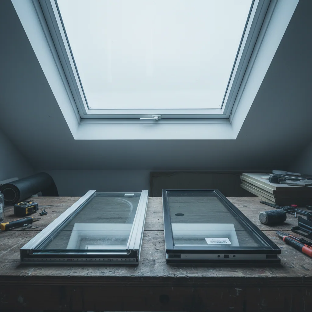 Two sealed glazing units laid side by side on a workbench under flat overcast daylight showing different spacer bars at the edge