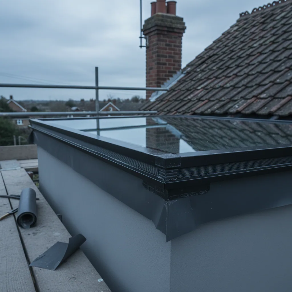 Detail of a warm edge composite spacer bar at the corner of a sealed rooflight unit photographed under flat overcast daylight