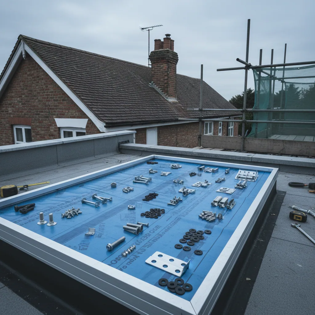 Marine-grade 316L stainless fixings and isolation washers laid out on a flat rooflight frame section under grey overcast light