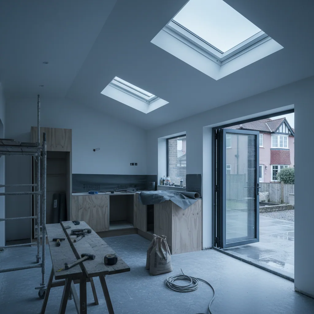 Kitchen extension interior lit by soft even daylight from two flush flat rooflights in a flat plastered ceiling on a cloudy day