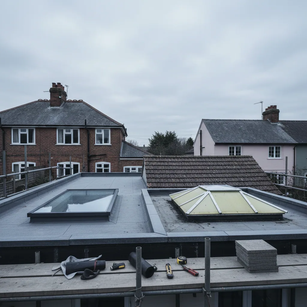 A flush flat glass rooflight and an older polycarbonate dome on adjacent extension roofs, seen under uniform grey cloud