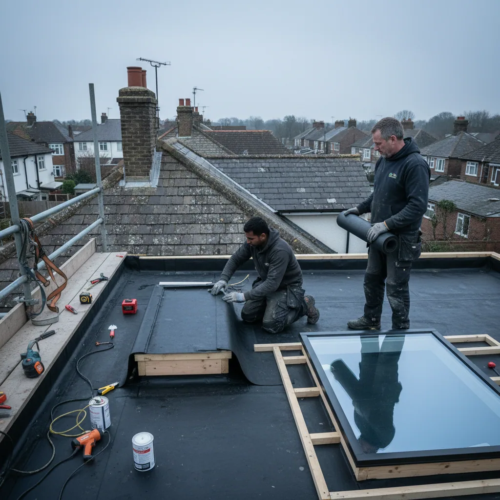 Installers dressing EPDM covering up and over a newly built rooflight upstand with the glass unit waiting alongside, overcast grey conditions