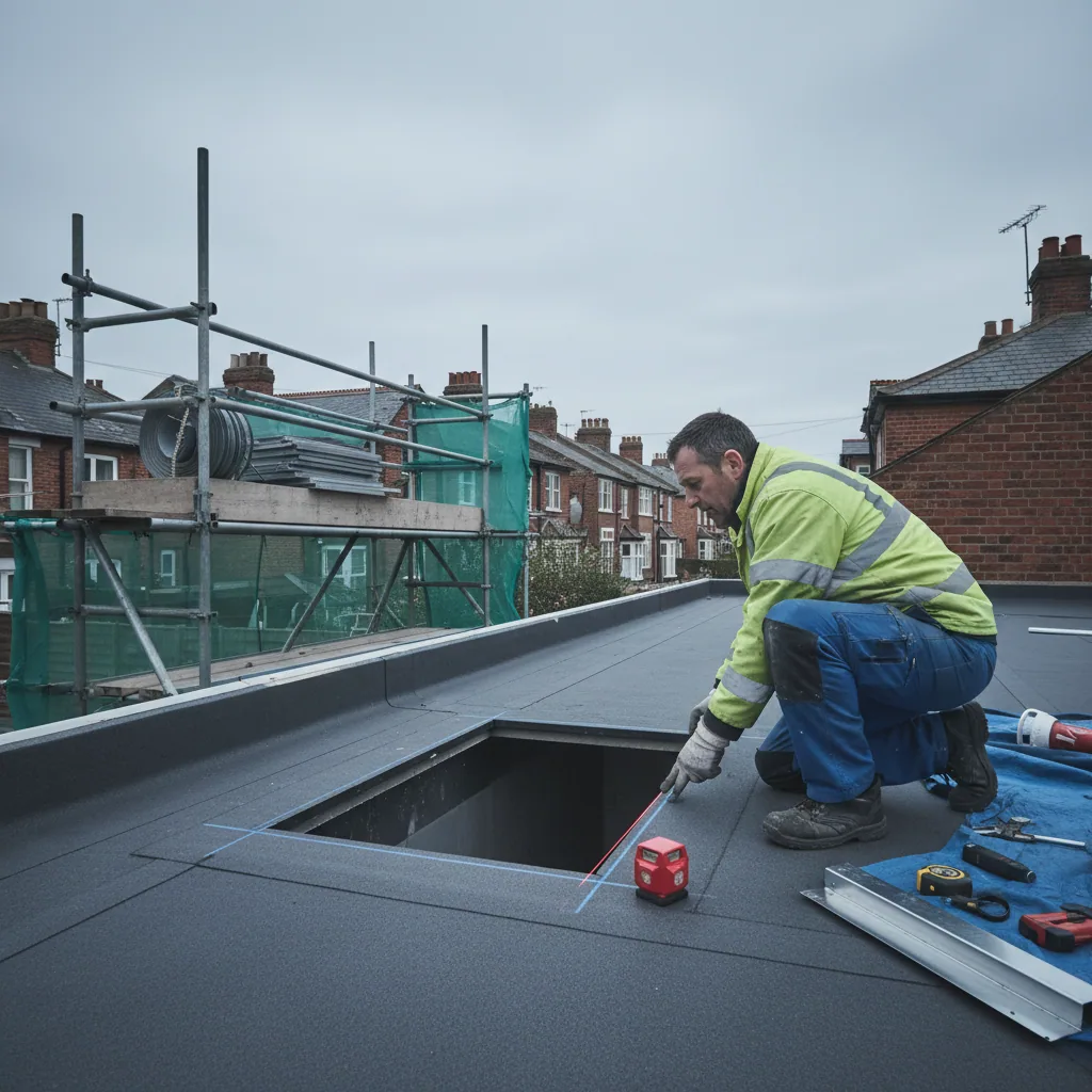 An installer checking the fall of a flat extension roof with a laser level beside a marked-out rooflight opening under flat grey cloud