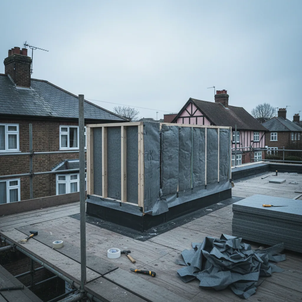 Insulated timber upstand under construction on a flat roof deck with rigid insulation dressed to the outer face, flat grey daylight
