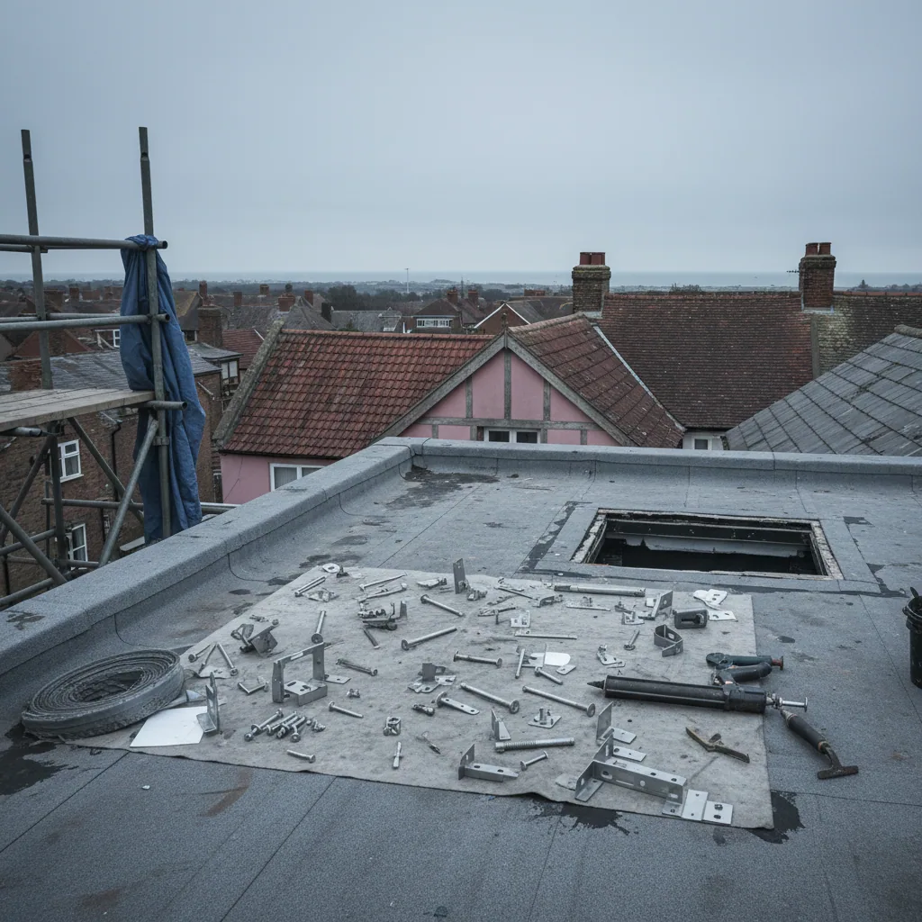 Marine-grade stainless steel fixings laid out on a roof before installation of a coastal rooflight