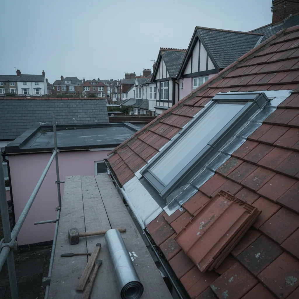 Lead flashing being dressed into pantile roof covering around a pitched-roof skylight