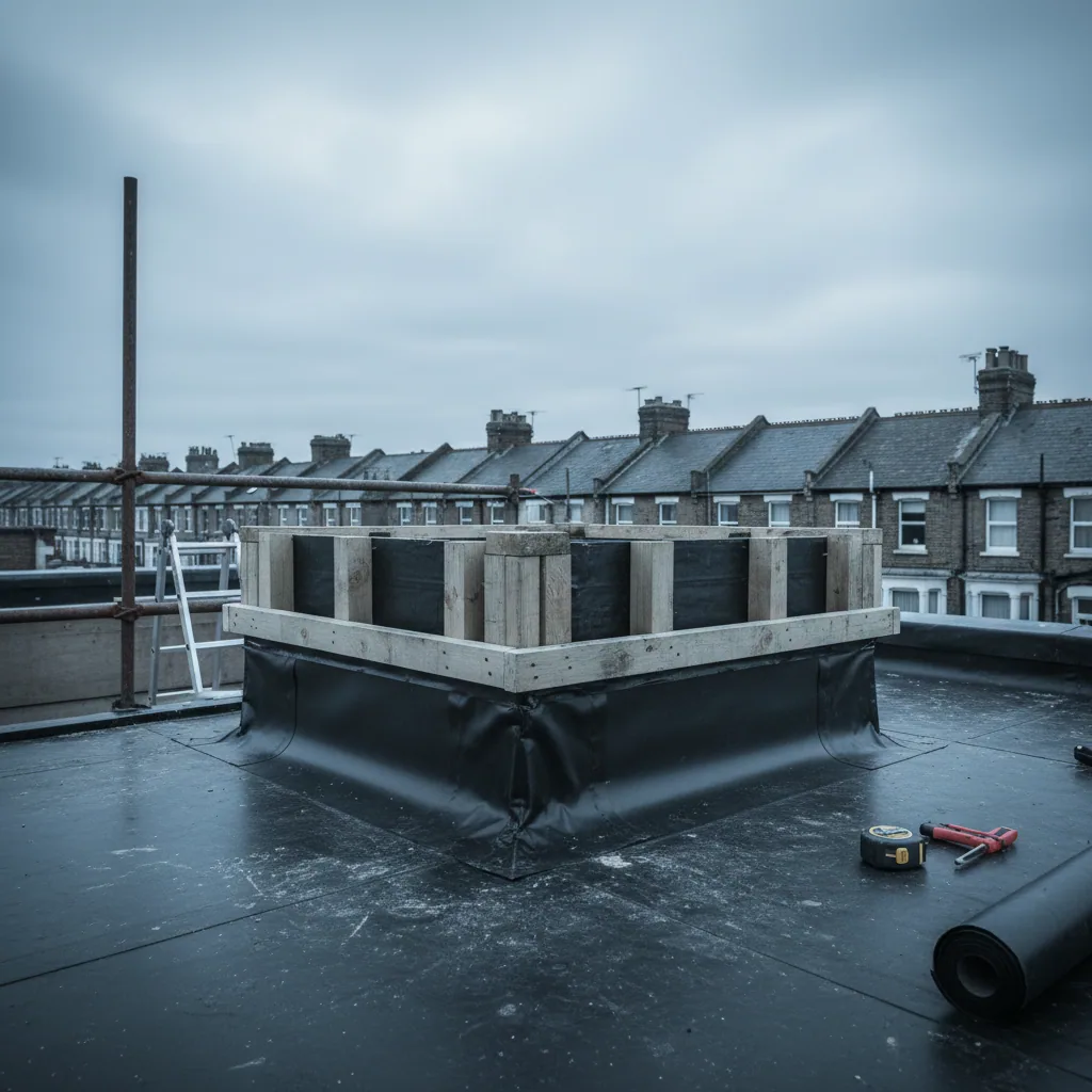 Close-up of a timber upstand kerb built around a rooflight opening on a flat roof, membrane dressed up the side