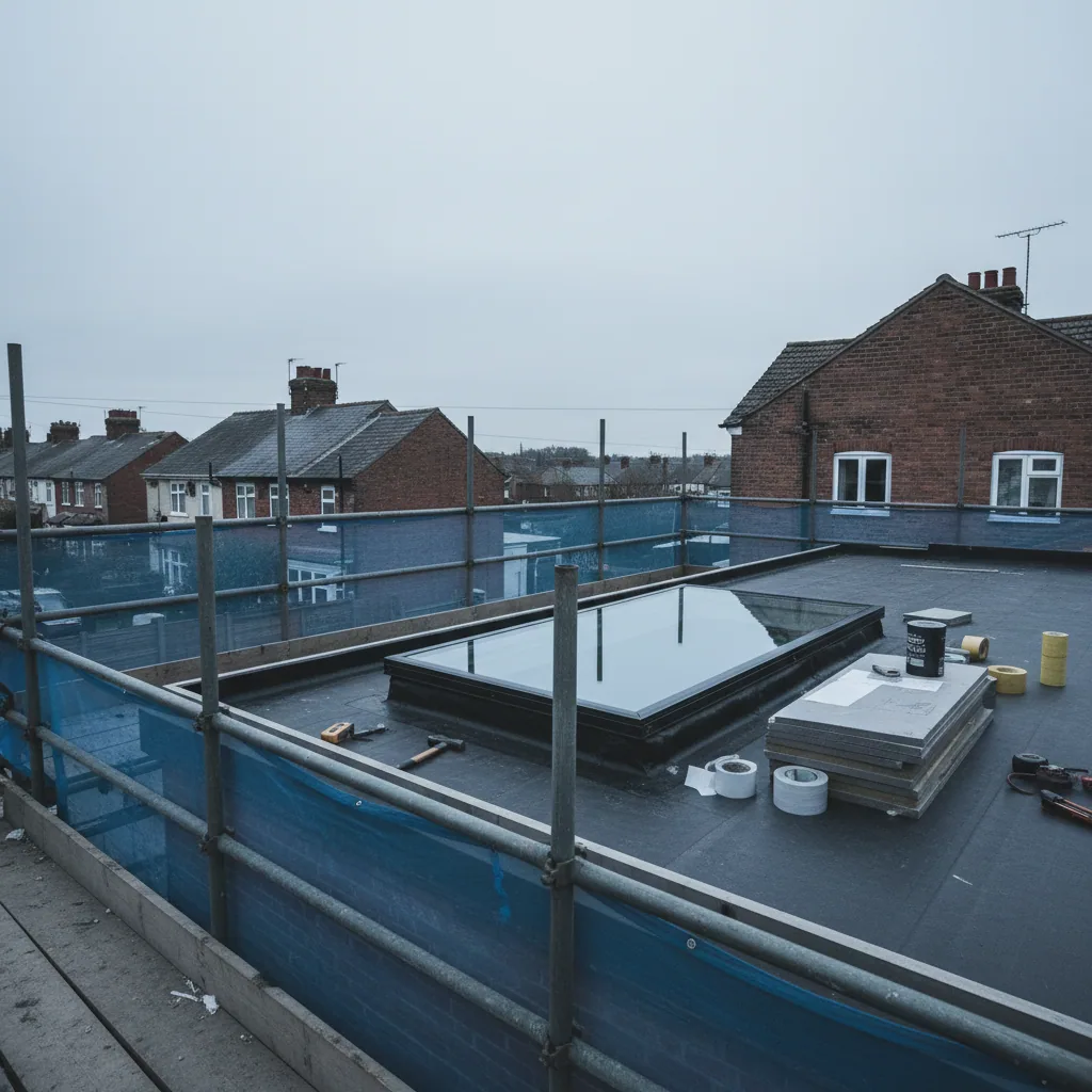 A flat rooflight being installed into the flat roof of a rear extension on an Ipswich home, scaffolding in place under an overcast Suffolk sky
