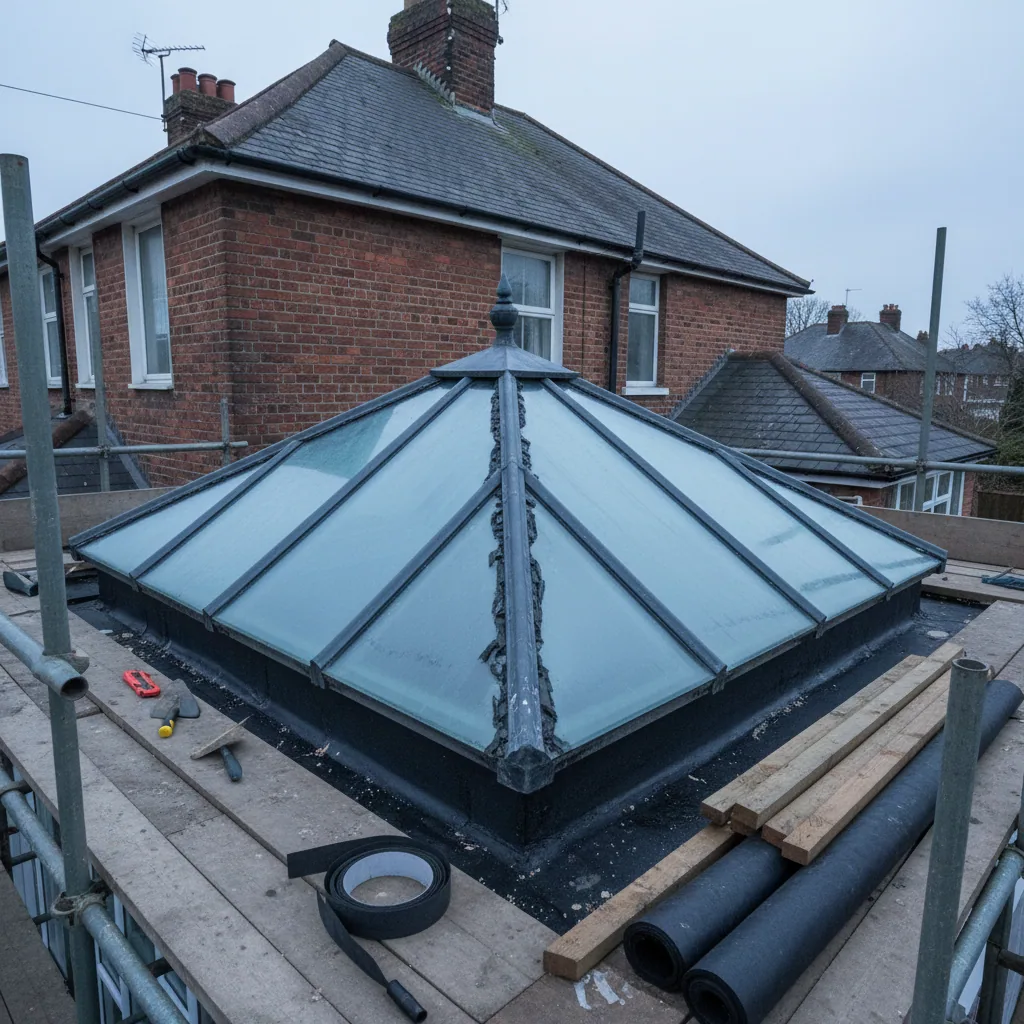 A failed twenty year old roof lantern with heavy misting between the panes and perished grey gaskets at the ridge