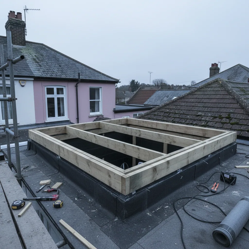 Timber ring beam and doubled trimmers framing a rectangular opening cut into a flat extension roof, ready for a lantern kerb