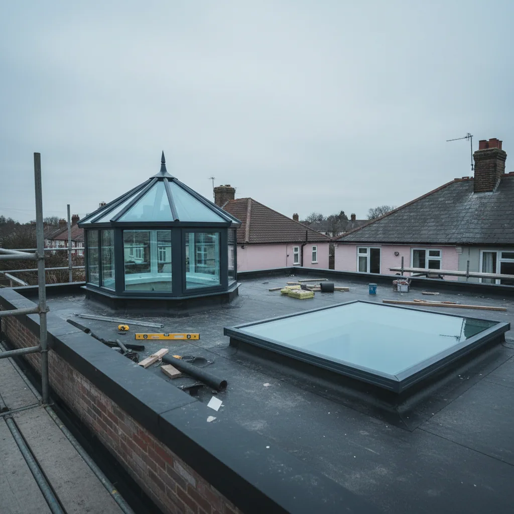 Side-by-side comparison of a pitched roof lantern and a flush flat rooflight installed on the same style of extension roof