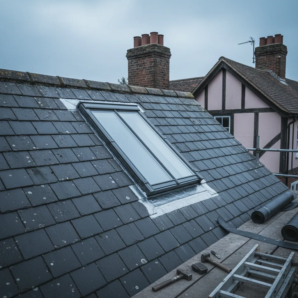 A flush conservation rooflight with a central glazing bar and dressed lead flashing set into a slate roof, flat grey daylight