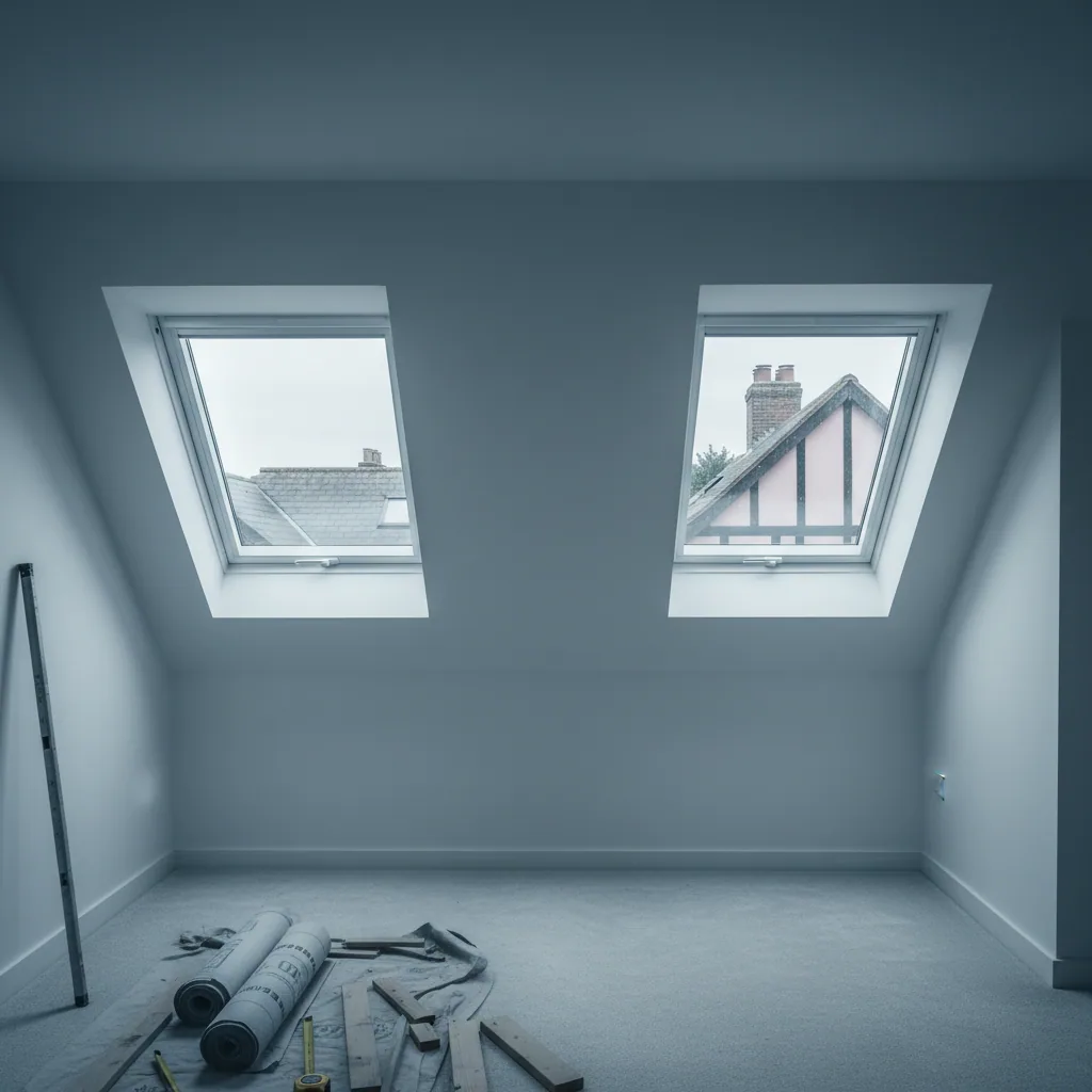 Loft conversion bedroom lit by two pitched rooflights in the slope, soft even light from an overcast sky, splayed reveals visible