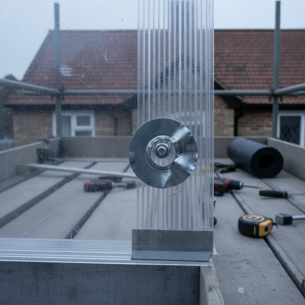 Close-up of a polycarbonate sheet fixed with an oversized hole, load-spreading washer and breather tape sealing the cell ends, flat neutral daylight