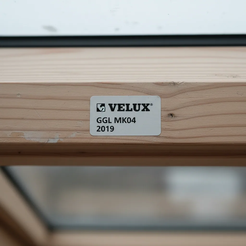 Close-up of the manufacturer data plate on the top edge of a roof window sash showing the size code and year of manufacture, lit by flat overcast daylight