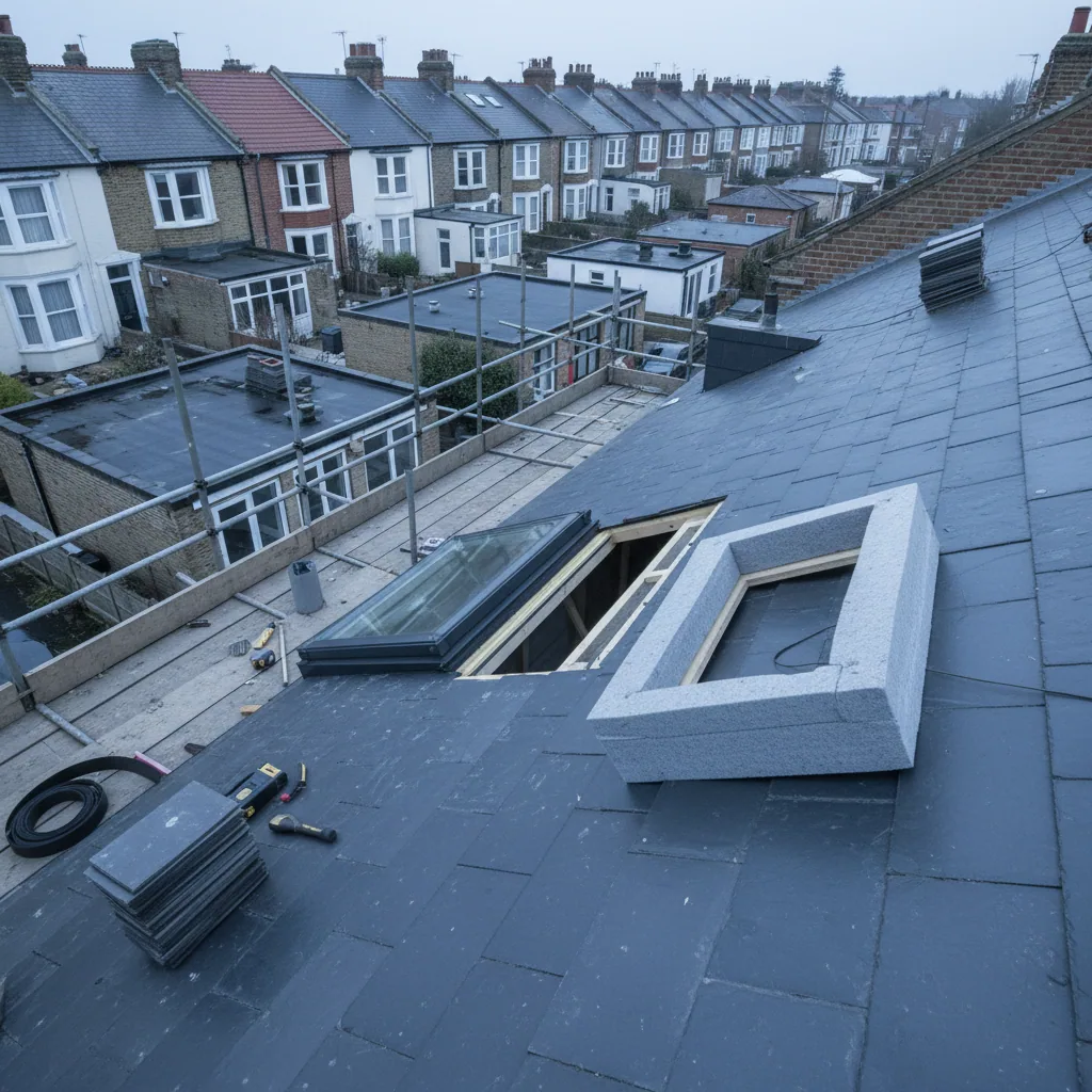 Installers setting a roof window frame into a trimmed opening on a tiled roof slope, with the insulation collar ready alongside, flat overcast daylight