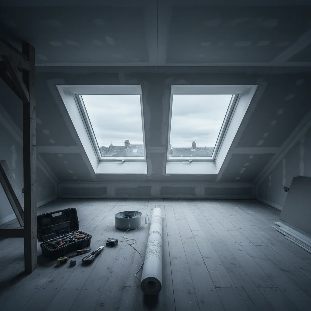 A converted loft bedroom with two roof windows in the slope, showing even flat overcast daylight across the floor and the sight line from a seated position