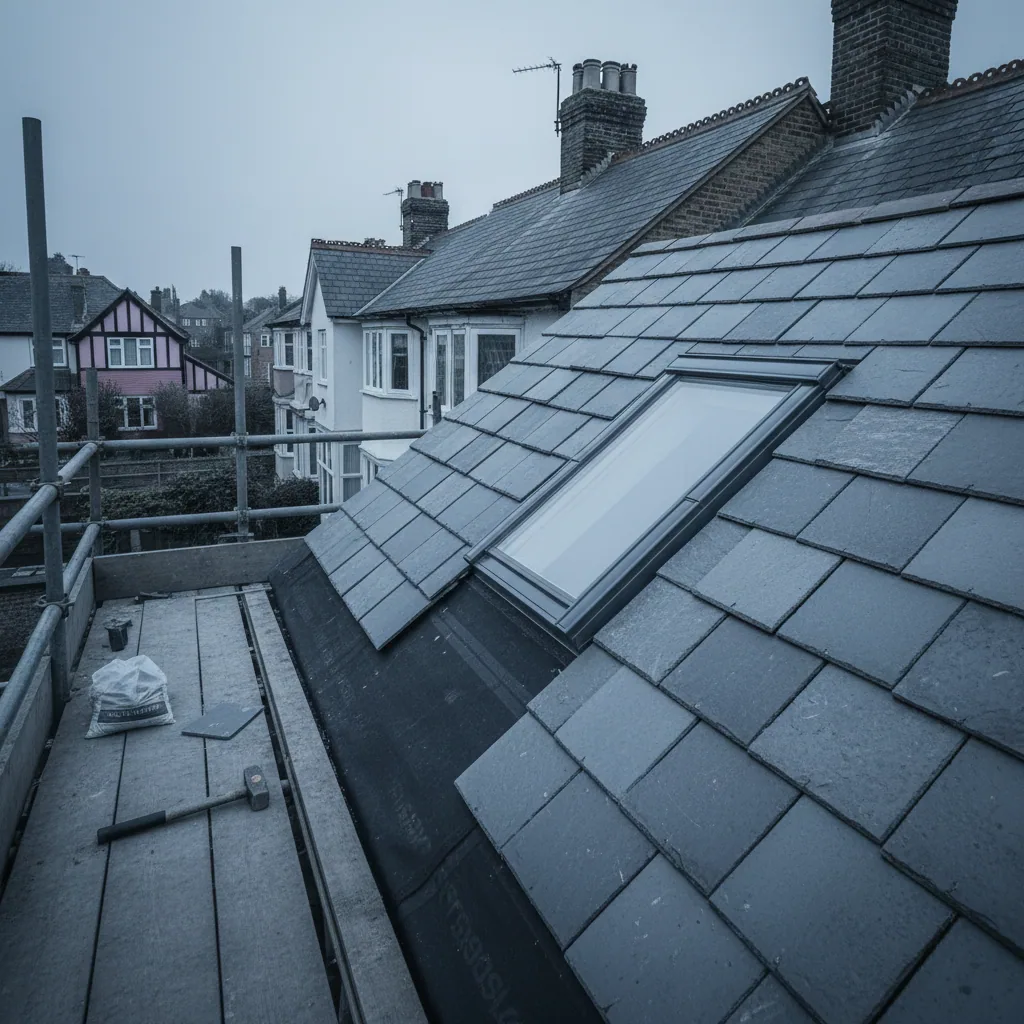 Natural slates cut and re-hung around the flashing skirt of a roof window on a Victorian terrace roof, flat overcast daylight