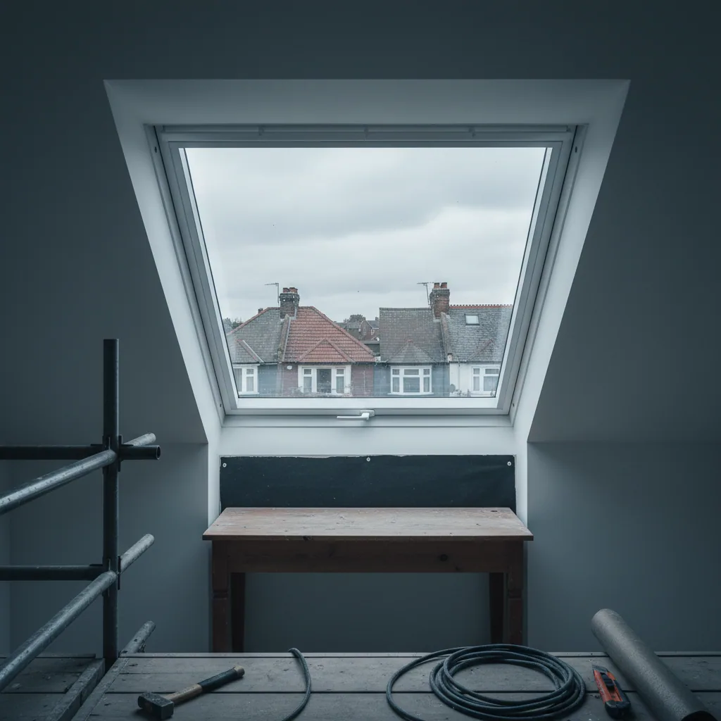 A top hung roof window opened outward over a tiled roof slope with a desk positioned directly beneath it inside the room, flat overcast daylight through the opening